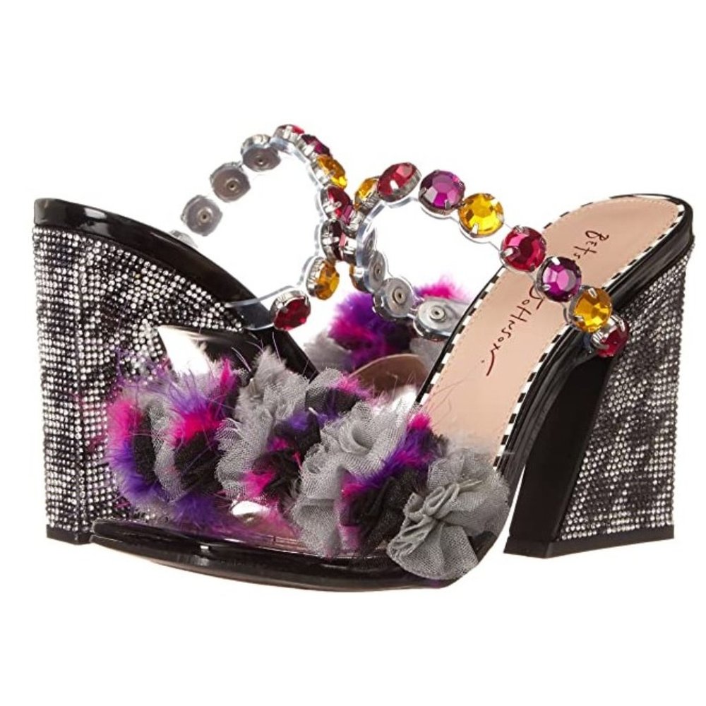 NiB Betsey Johnson sexy, fun, rhinestone, jewels and feathers sandals 6.5